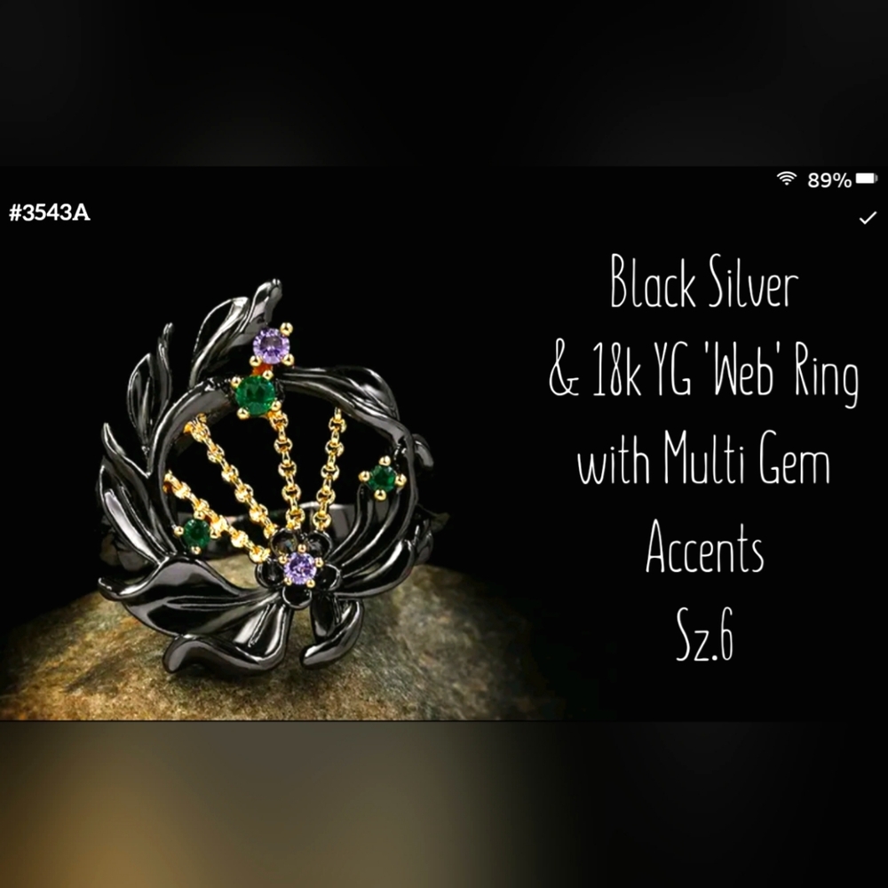 Black silver & multi gem 'web' ring, Sz.6